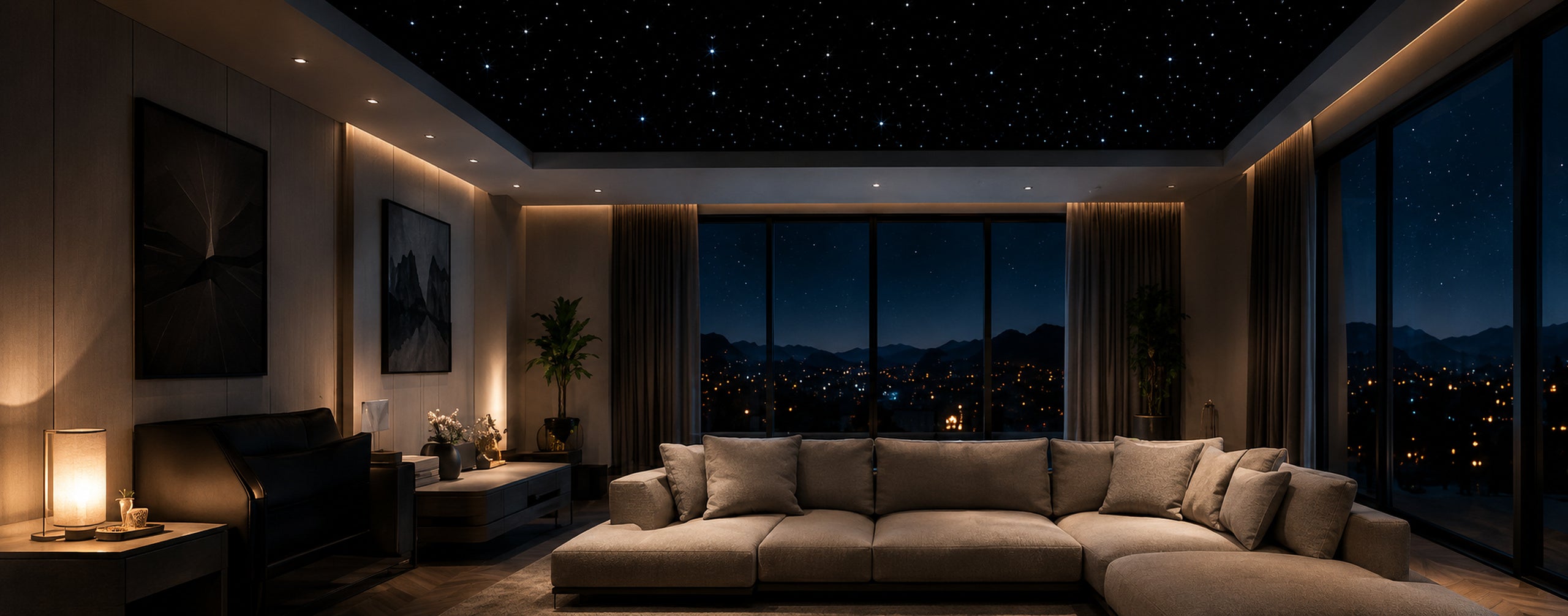 Finished living room with starlight ceiling