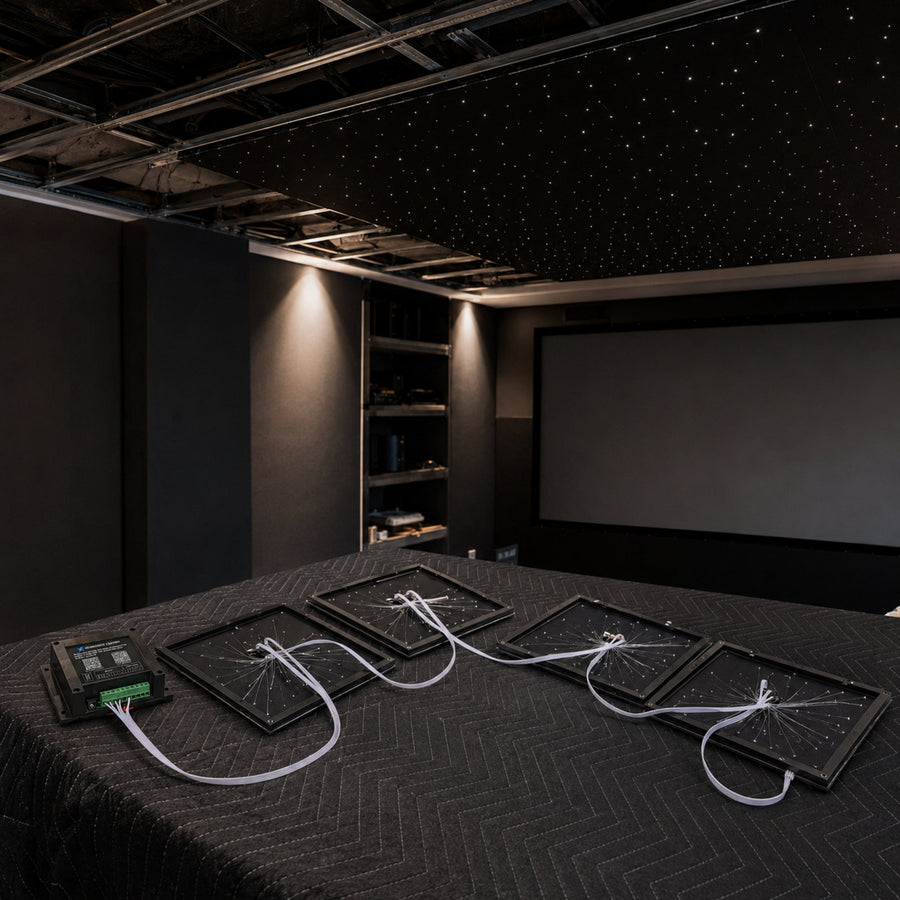 Professional star ceiling installation in home theater with fiber optic panels