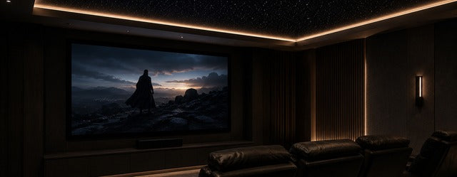 Home theater with star ceiling above the screen