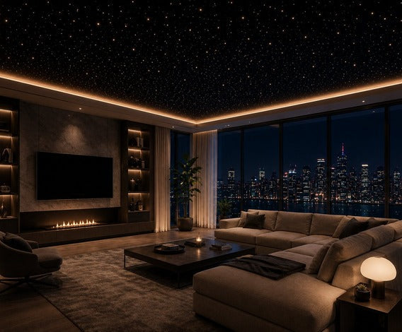 Living room at night under a star ceiling