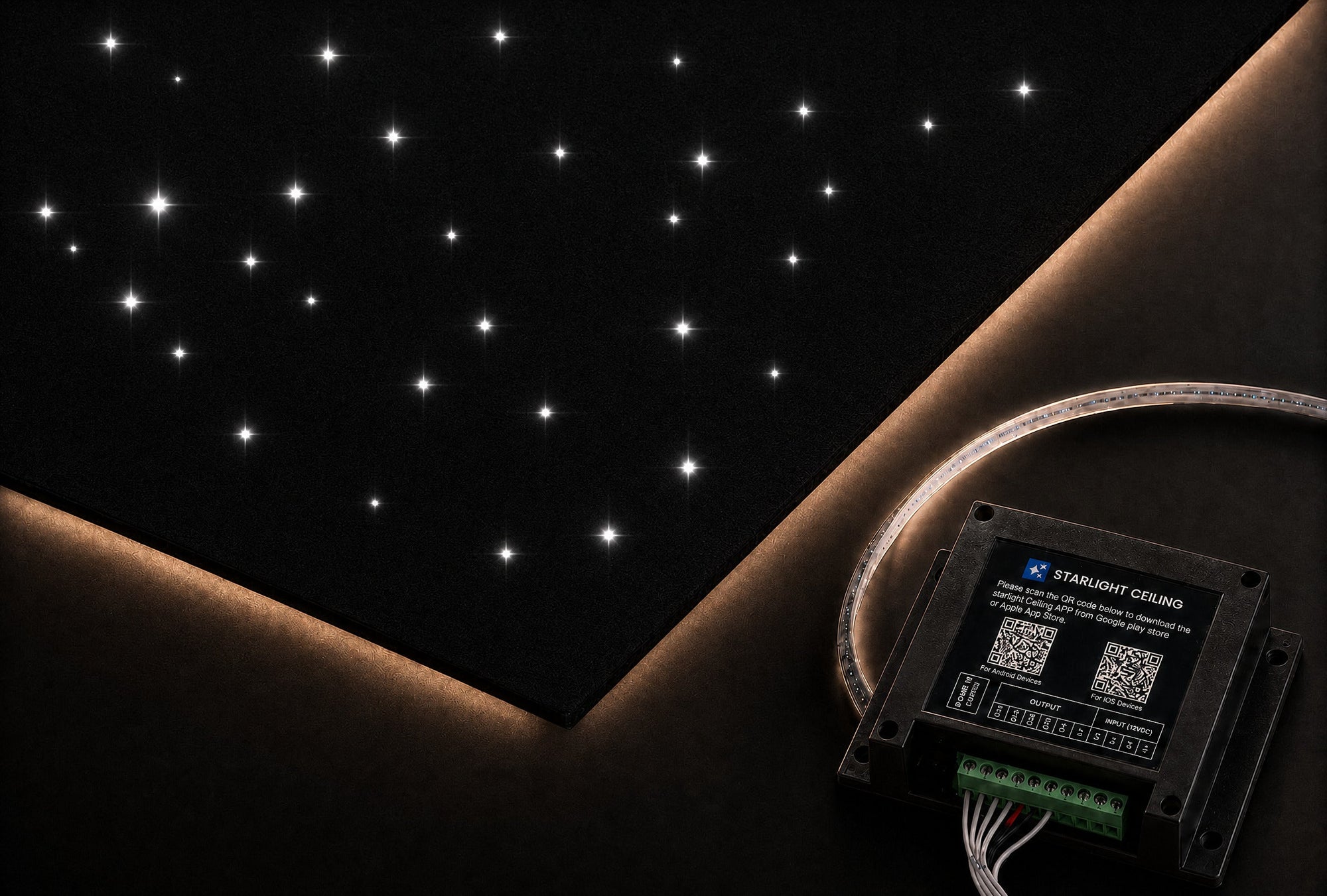 Fiber optic star ceiling panel corner shown with the Starlight Controller and fiber bundle