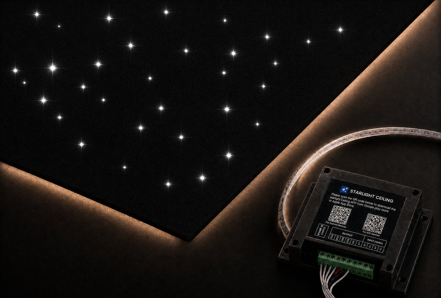 Fiber optic star ceiling panel corner shown with the Starlight Controller and fiber bundle