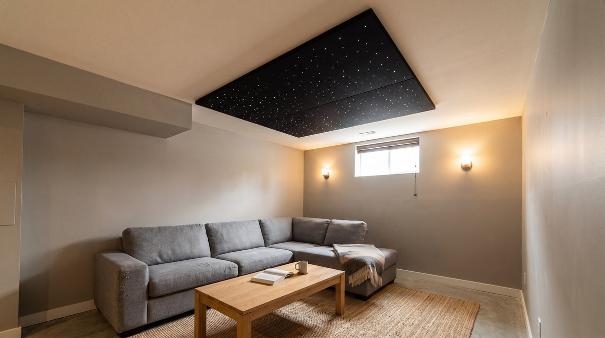 AI-generated design concept of a finished basement media room with a low ceiling, perimeter bulkhead, and a star panel feature above a sofa