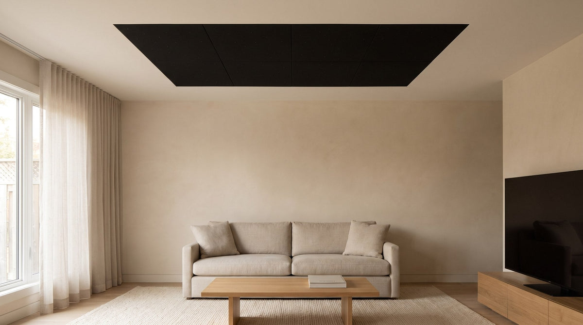 AI-generated concept of a daylight living room with a matte black star ceiling feature above a neutral sofa