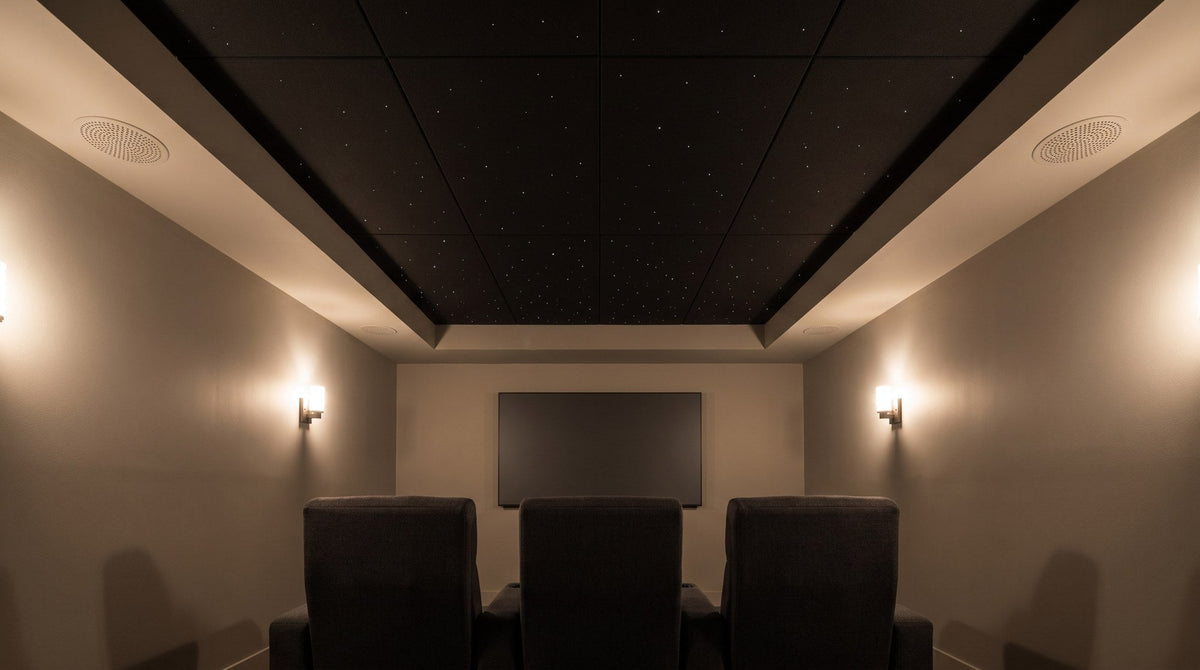 AI-generated concept of a home theater with a star ceiling feature and exposed speaker grilles in a separate ceiling border