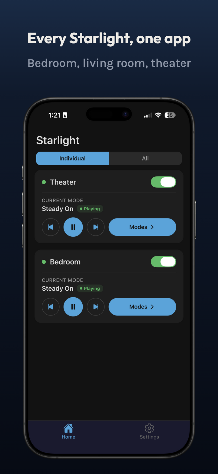 Starlight Ceiling app home screen controlling Theater and Bedroom Starlights