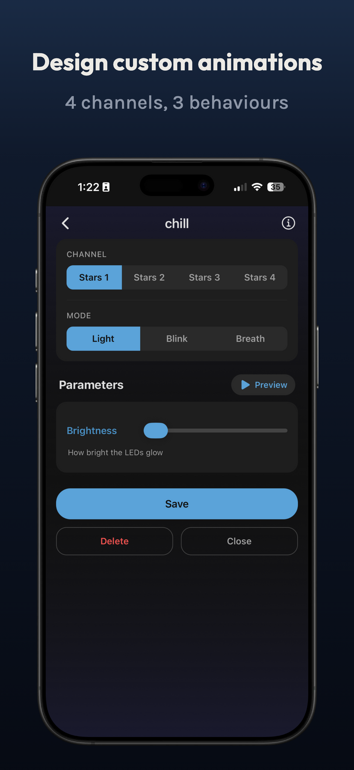 Starlight Ceiling app custom light mode editor with channels Stars 1-4
