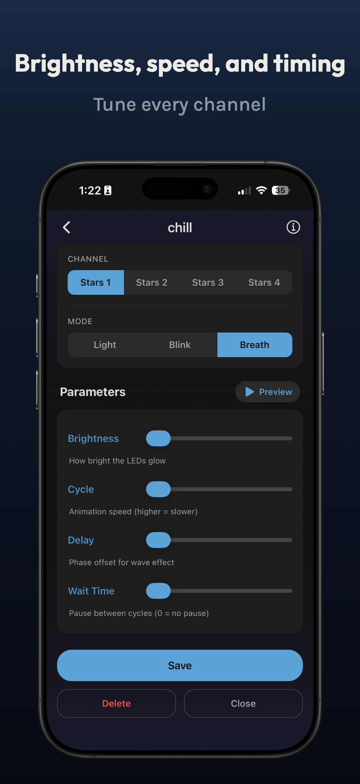 Starlight Ceiling app brightness, cycle, delay and wait time sliders