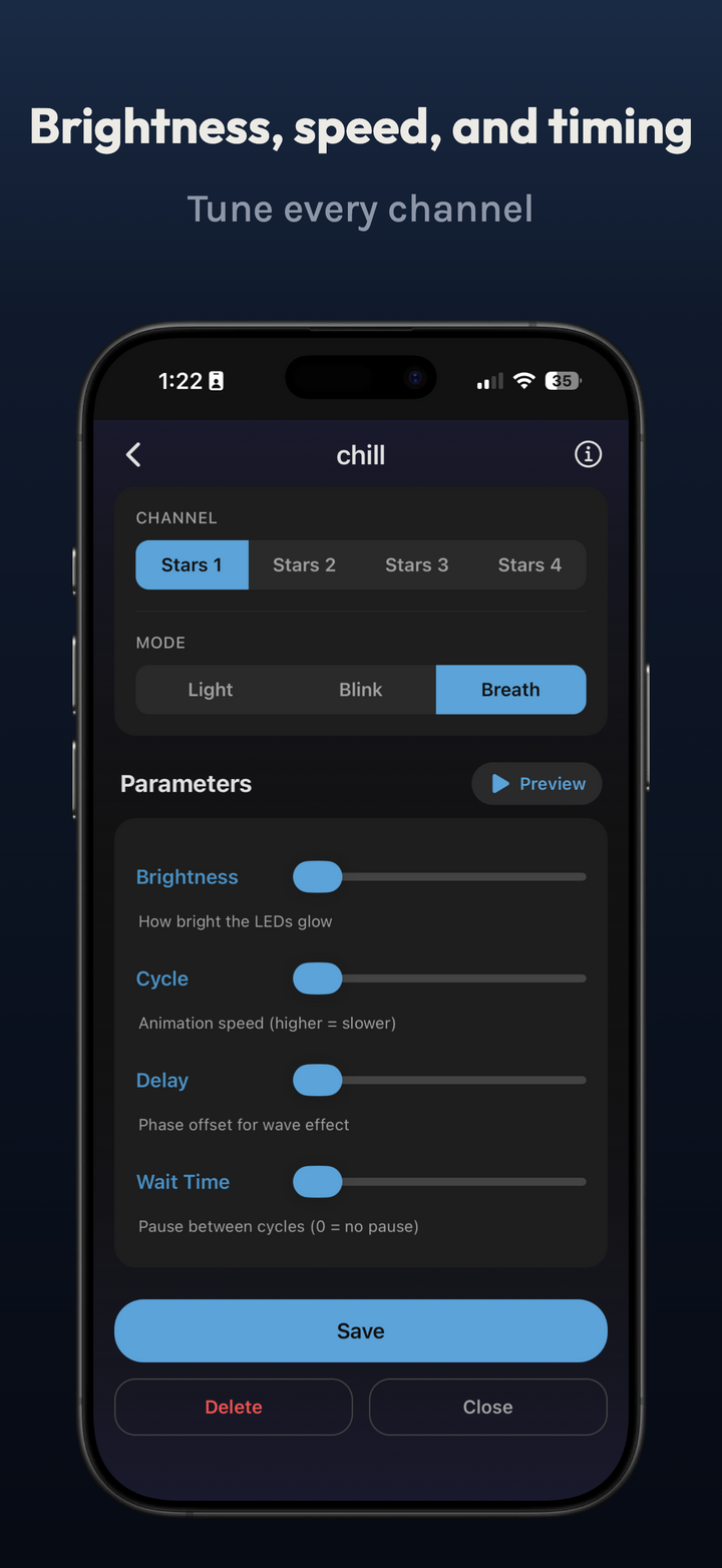 Starlight Ceiling app brightness, cycle, delay and wait time sliders