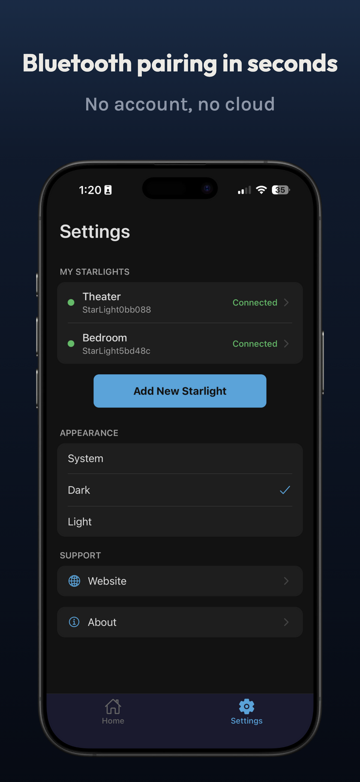 Starlight Ceiling app settings with Add New Starlight and connected devices