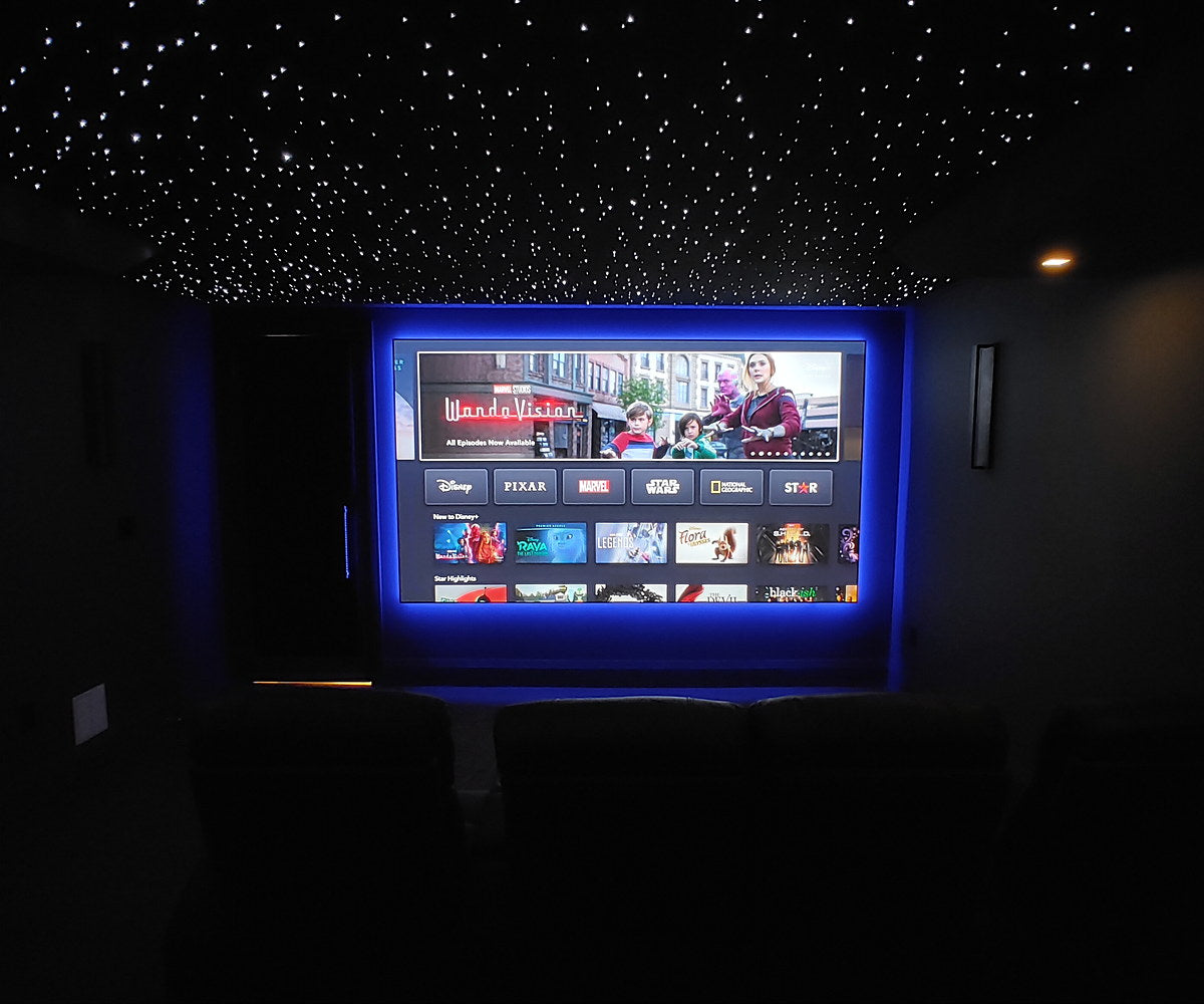 Home theater with a finished star ceiling