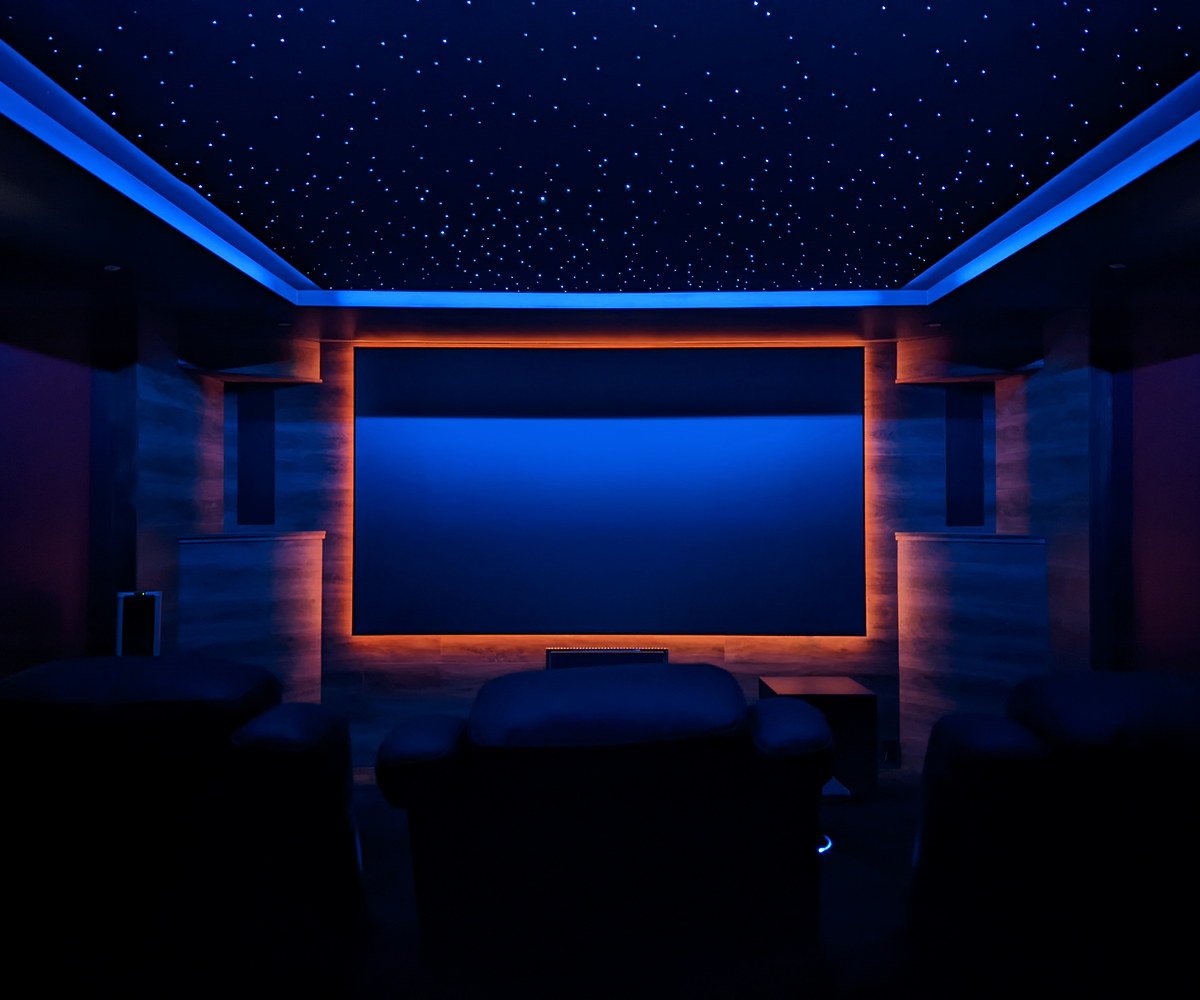 Blue-lit theater with the star ceiling clearly visible above the screen