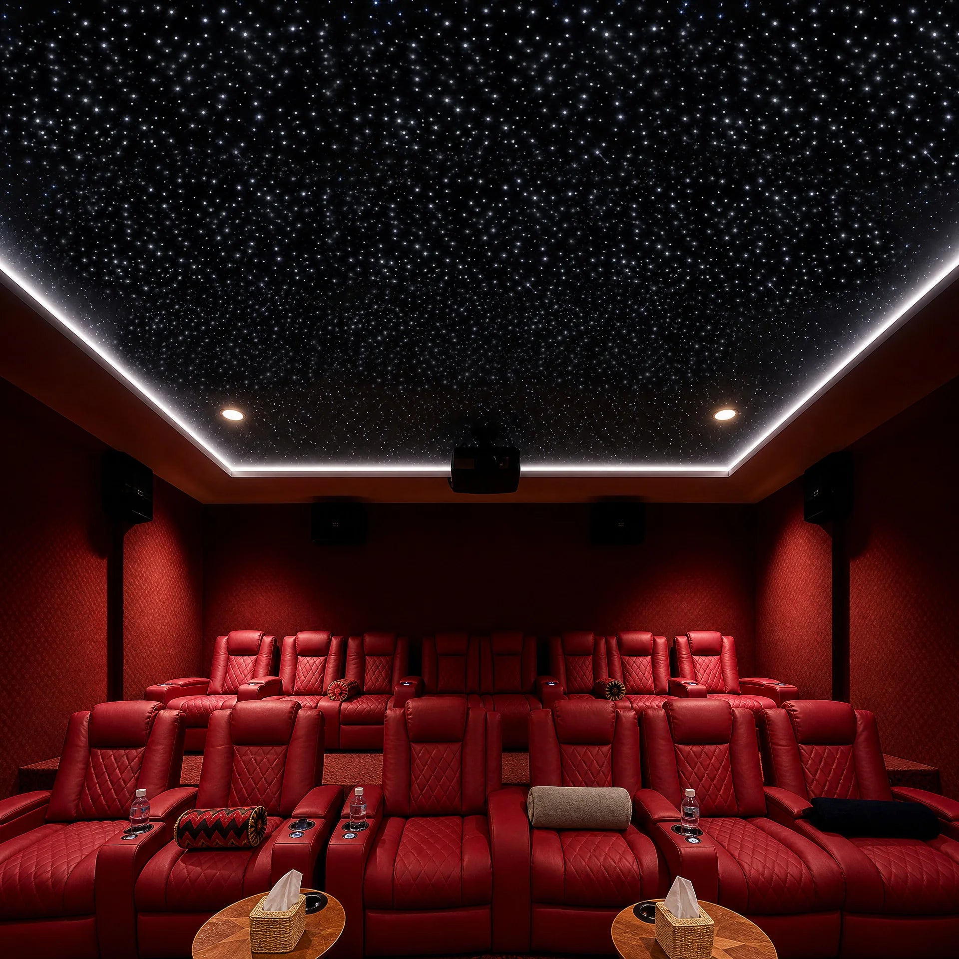 Red private cinema with rows of leather recliners beneath a white starlight ceiling