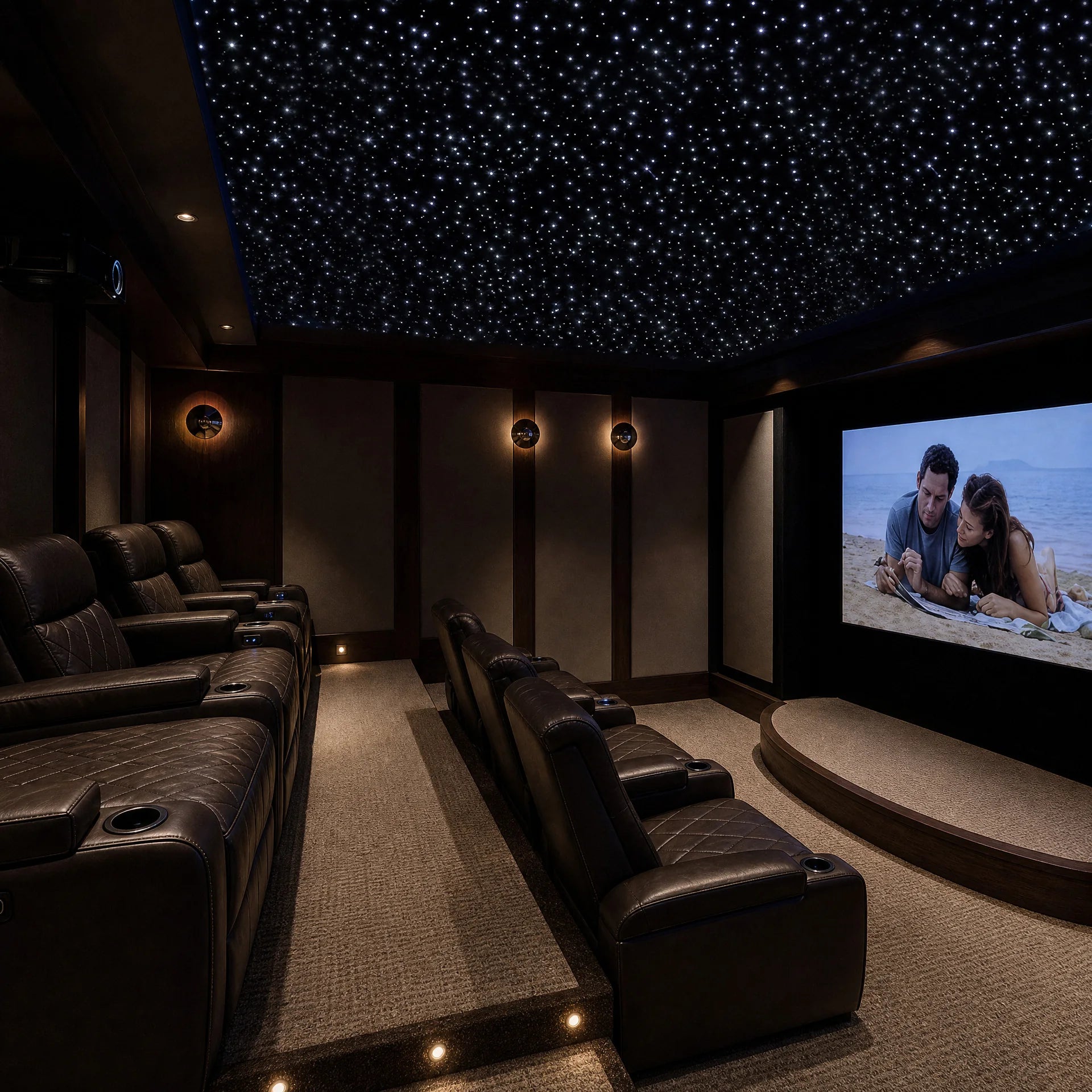Warm wood home theater with black leather seating and a bright starlight ceiling